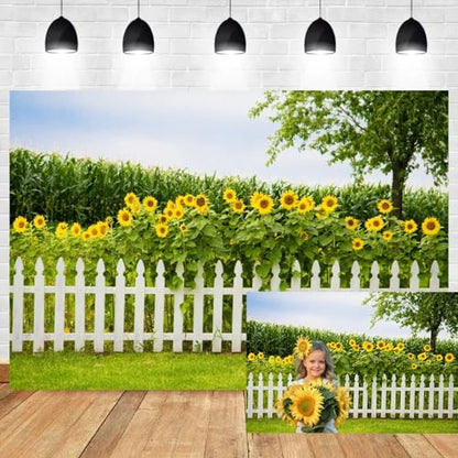 Leyiyi Spring Natural Scenery Backdrop 12x8ft Photography Backdrop Blossoming Yellow Sunflowers Tall Lush Tree White Wooden Textured Fence Family Children Baby Girl Personal Portraits Studio Props - size: 12x8ft