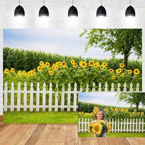 Leyiyi Spring Natural Scenery Backdrop 12x8ft Photography Backdrop Blossoming Yellow Sunflowers Tall Lush Tree White Wooden Textured Fence Family Children Baby Girl Personal Portraits Studio Props - size: 12x8ft