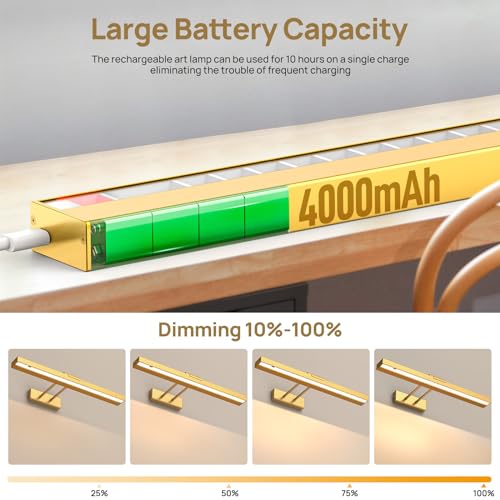 PESUTEN Picture Light Battery Operated, 16in Wireless Art Light for Paintings CCT Dimmable Recharging Battery Picture Light with Remote Control for Gallery Dartboard Art Bedroom Bathroom Gold - color: Gold