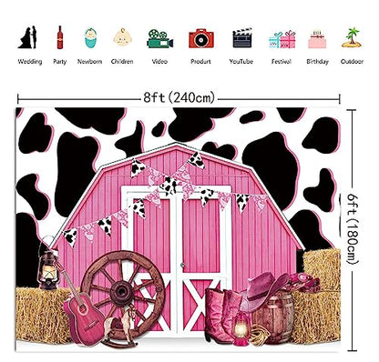 8x6ft Pink Barn Door Western Cowgirl Backdrop Cow Print Straw Barn Door Wood Background Western Country Farm Cow Girl Women Birthday Party Photo Booth Prop - size: 240x180cm(WxL)