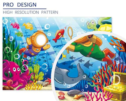 Cartoon Undersea Diving Face in Hole Backdrop 5 x 3.3 ft, Underwater World Diver Face Cutout Photo Props, Seabed Shipwreck Treasure Marine Life Photography Background for Kids Boys