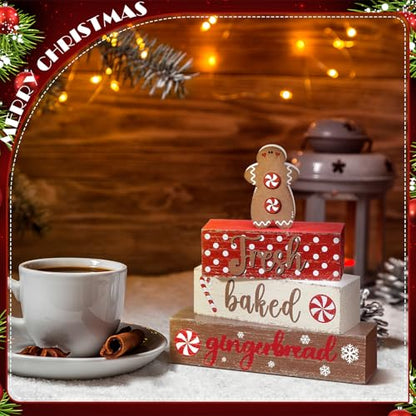 Geelin 4 Pcs Wooden Christmas Tabletop Decor Gingerbread Man Tiered Tray Decor Christmas Centerpiece Rustic Decorative Block Signs Gift Farmhouse Table Decoration for Home Kitchen - style: Gingerbread