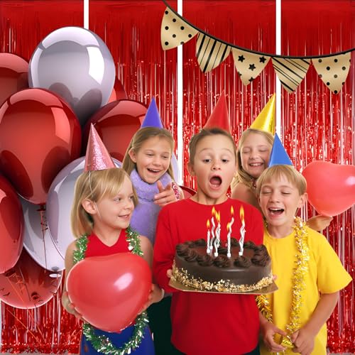 Valentines Day 4 Pack 3.3 * 8.3 ft Foil Curtain Metallic Tinsel Fringe Curtains Photo Booth Props Backdrop for Birthday Wedding Engagement Baby Shower Christmas Holiday Celebration Partyl,Red - color: Red, size: 4 Pack