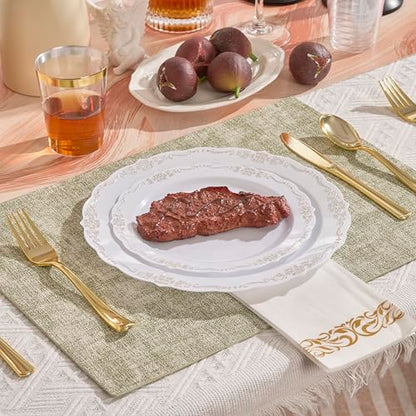 Fijinhom 350 PCS White and Gold Disposable Plates, Elegant Dinnerware Set for 50 Guests, 100 Plastic Plates, 150 Silverware, 50 Cups & 50 Paper Napkins, White and Gold - color: White and Gold Pattern, size: 50 Guests-350pcs