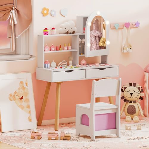 Costzon Kids Vanity with Lights, Girls Vanity Set with Mirror Cabinet, Storage Drawers, Hooks & Shelves, Toddler Makeup Vanity Desk Dressing Table, Wooden Kids Vanity Table and Chair Set (White) - style: White with Mirror Cabinet