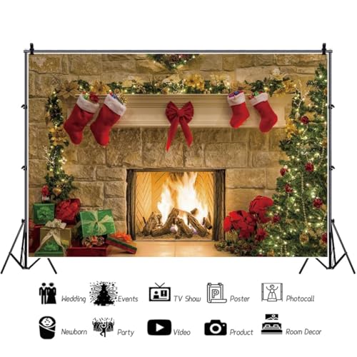 9x6ft Christmas Fireplaces Backdrop Marble Fireplace Blazing Flames Christmas Tree Stockings Photography Background Family Party Kids Adult Portraits Decor Banner Studio Photo Props - size: 9x6ft-polyester