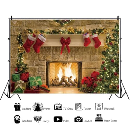 6x4ft Christmas Fireplaces Backdrop Marble Fireplace Blazing Flames Christmas Tree Stockings Photography Background Family Party Kids Adult Portraits Decor Banner Studio Photo Props - size: 6x4ft-polyester