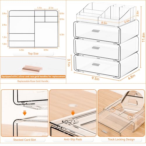 Yieach Clear Acrylic Makeup Organizers Countertop for Dresser,Desk,Bathroom Vanity,4 Tier Stackable Make up Holders and Makeup Cabinet,Tiered Cosmetic Storage and Make up Containers for Palette,Brush - size: 3 Drawers