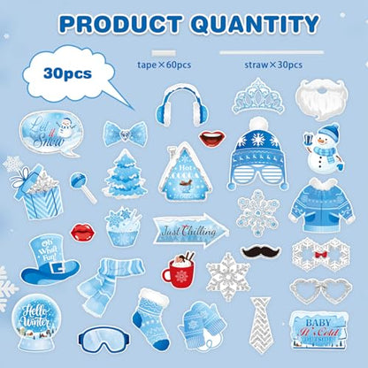 KALEFO 30Pcs Hello Winter Photo Booth Props Winter Wonderland Party Decorations Snowflake Photo Booth Props Kit Wedding Holiday Birthday Skiing New Year Party Supplies - color: Hello Winter