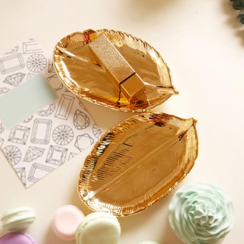 KESYOO Ceramic Jewelry Tray Gold Leaf Trinket Dish Ring Holder Plate Jewelry Organizer Decorative Display for Women Vanity Table and Photo Props