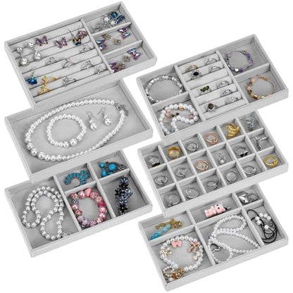 Abeillo 6Pcs Velvet Jewelry Tray Stackable Jewelry Drawer Organizer Inserts Divided Jewelry Box Display Case Storage for Earring Necklace Rings Bracelet Watch Bangle (Grey)