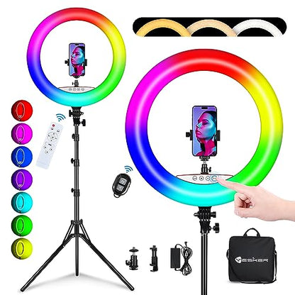 Yesker Ring Light with Tripod Stand and Phone Holder 18 Inch RGB Ringlight 25 RGB Modes Bi-Color Adjustable 2700–7000K LED Selfie Halo Light Kit for Live Stream Photography Zoom Makeup Youtobe Tiktok - size: 18" RGB Ring Light