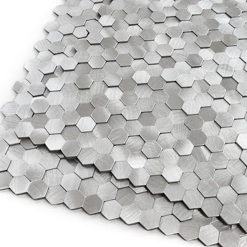 3D Metal Peel and Stick Backsplash for Kitchen,Mini Hexagon Tile Stickers Self Adhesive Wall Tiles Heat Resistant(8 Sheets,Silver) - color: Silver
