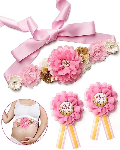 Baby Shower Sash Decorations Mom to Be Corsage Gift Dad to Be Pin 3Pack Set Pink Flower Belt for Maternity Dress - Gender Reveal Pregnancy Photo Props - color: Rose Pink
