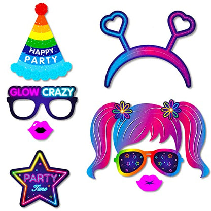 25pcs Glow Neon Photo Booth Props with Stick, Photo Props for Birthday Let's Glow Themed Neon Glow in The Dark Disco Black Light Party Decoration Supplies