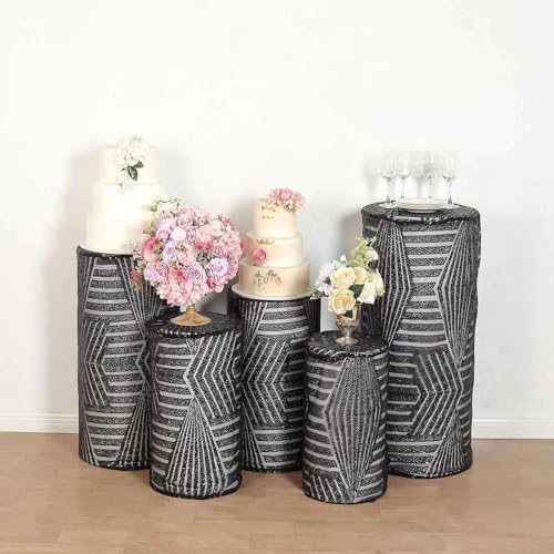 Efavormart Set of 5 Black Sequin Mesh Cylinder Display Box Stand Covers with Geometric Pattern Embroidery, Sparkly Sheer Tulle Pedestal Pillar Prop Covers - color: Black, size: Cylinder sequin geometric cover