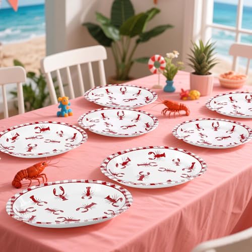 Grencian 50Pcs Crawfish Boil Oval Paper Plates 10" X 12" Disposable Red Grid Pattern Crawfish Party Plates Crawfish Tableware for Lobster BBQ Gathering Picnic Cookout Carnival Birthday Decorations - style: 50Pcs Crawfish Oval Kit