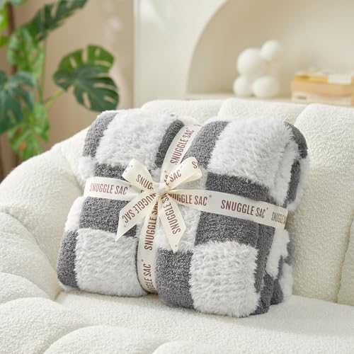Snuggle Sac Faux Fur Checkered Blanket Twin Size with Soft Knitted Microfiber Fabric,Cozy Soft Warm Blanket for Sofa Bedroom Living Room,Grey Checker,60x80 inches - color: Grey White, size: Twin(60"x80")