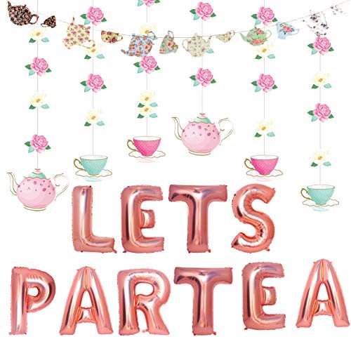 Mity rain Tea Party Decorations - Floral Teapots Teacups Balloons Banner Hanging Decorations for Baby Shower Bridal Shower Girls Birthday Party Supplies - style: Balloons + Banners