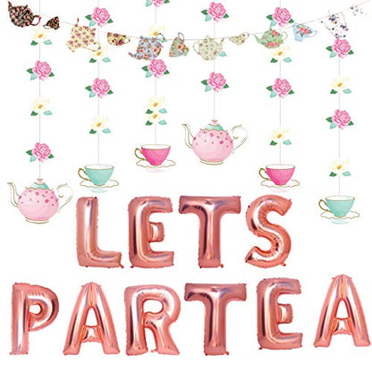 Mity rain Tea Party Decorations - Floral Teapots Teacups Balloons Banner Hanging Decorations for Baby Shower Bridal Shower Girls Birthday Party Supplies - style: Balloons + Banners