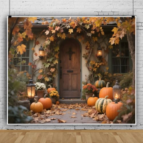 Fall Backdrop 10x8ft Rustic Wood Door Fallen Autumn Leaves Fall Backdrops for Photography Festival Harvest Background Thanksgiving Decorations Props for Photoshoot Studio Photo Backgrounds - color: Brown, size: 10x8ft