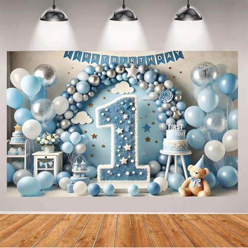 1st Happy Birthday Backdrop Blue Balloons Clouds Large Number 1 Text Design Newborn Boy Girl Birthday Party Decoration One Year Old Kids Cake Smash Decoration Studio Photo Props (A, 5X3FT) - color: A, size: 5X3FT