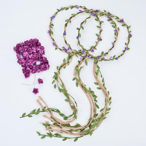 DDazzling Flower Crown Floral Wreath Headband Floral Garland Headbands Photo Props,Rose Flower Crown Kit, 3 Piece (Purple) - color: Purple
