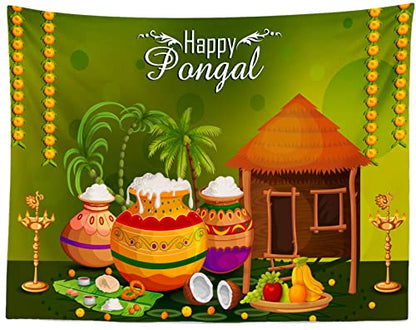 BELECO 9x6ft Fabric Happy Pongal Backdrop Indian Holiday Harvest Photography Background Holiday Celebration Party Decoration Banner Supplies Studio Photo Booth Video Shoot Props - size: 9x6FT