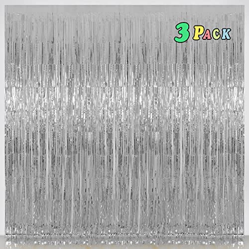 Foil Fringe Curtain Christmas Decorations - Melsan 3 Pack 3.2 x 8.2 ft Tinsel Curtain Party Photo Backdrop for Birthday Party Baby Shower or Graduation Decorations (Pure Silver) - color: Pure Silver