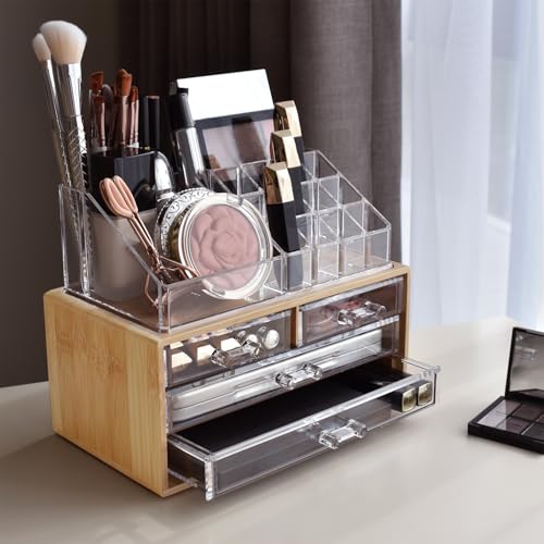 Ikee Design Bamboo Acrylic Makeup Organizer with 4 Drawers and Removable Top Lipstick Holders, Ideal for Make-up or Accessories,Enhance Your Vanity or Bathroom with Clear Design for Quick Visibility - color: 1b) 1 Top 4 Drawers, Bamboo