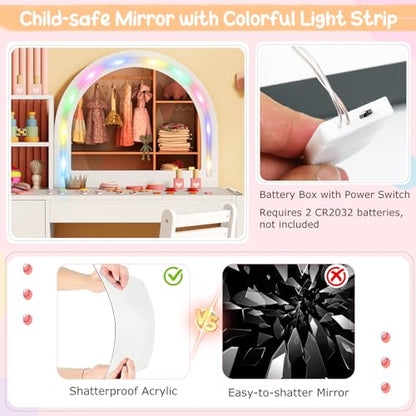 Costzon Kids Vanity, Girls Vanity Set with Lighted Mirror, Bookshelf, Drawer, Storage Cabinet & Shelves, Toddler Makeup Vanity Desk Dressing Table, Wooden Kids Vanity Table and Chair Set (White) - style: White with Bookshelf