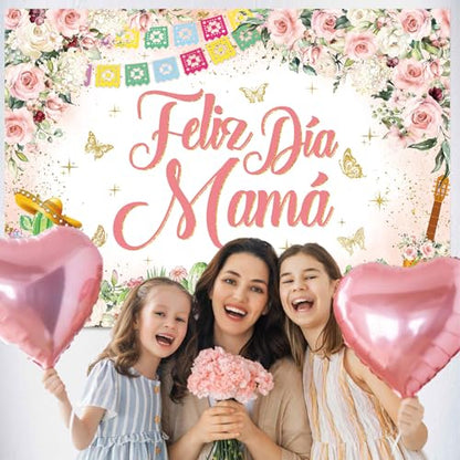 Feliz Dia Mama Banner Backdrop 7x5FT Mexican Happy Mother's Day Photography Background Pink Flowers Cactus Best Mom Ever Party Decorations Supplies Photo Props - size: 7x5FT