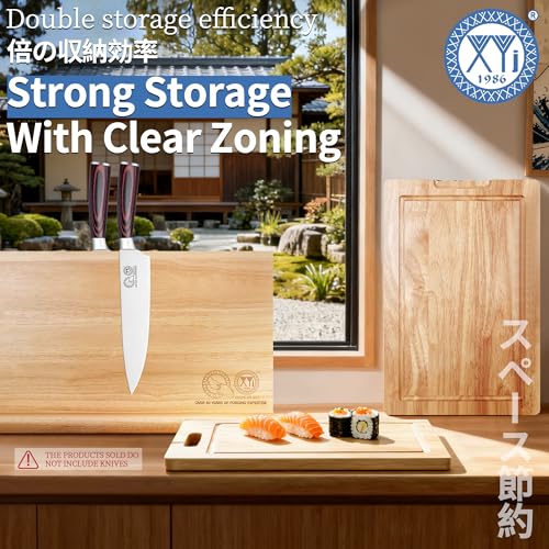 XYJ Authentic Since 1986, Magnetic Knife Block with Cutting Boards, Natural Wood, Countertop Knife Organizer, Space-Saving Knives & Prep Board Set, Kitchen Storage Solution without Knives - color: light wood color, size: 16.5*9.5 inch with board