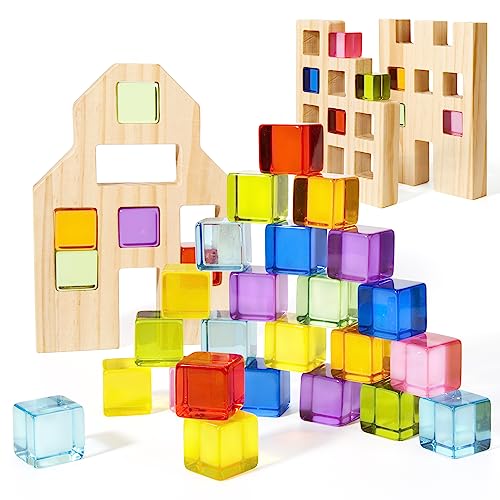 Woodtoe Wooden Building Blocks Set for Kids, 36 PCS Rainbow Acrylic Gem Blocks - 3 Wood House, Montessori Stacking Toy for Toddlers, Educational STEM Birthday Creative Toy Gift for Boys Girls 3-6 - style: 36 PCS Rainbow Blocks Set