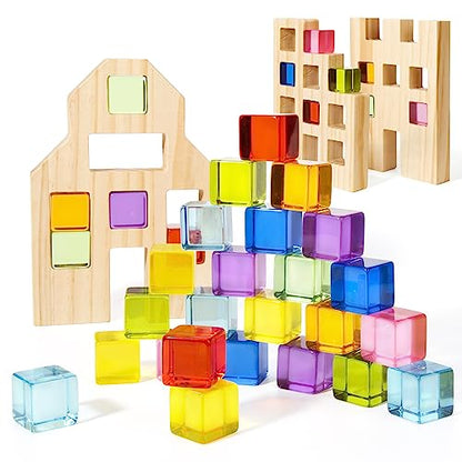 Woodtoe Wooden Building Blocks Set for Kids, 36 PCS Rainbow Acrylic Gem Blocks - 3 Wood House, Montessori Stacking Toy for Toddlers, Educational STEM Birthday Creative Toy Gift for Boys Girls 3-6 - style: 36 PCS Rainbow Blocks Set