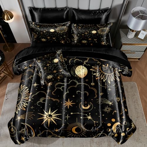 Sun and Moon Comforter Set Gray Satin Bedding Queen Stars Cloud Galaxy Comforter Mysterious Celestial Theme Silk Like Silky Bed in A Bag with Comforter and Sheets - color: Gray, size: Queen