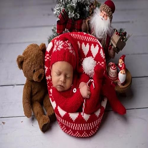 Christmas Newborn Baby Photo Shoot Props Outfits Crochet Clothes Santa Claus Red Hat Pants Photography Props - color: Red C