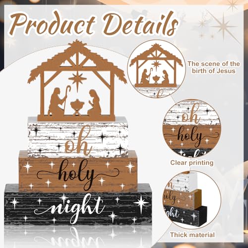 Geelin 4 Pieces Christmas Nativity Scene Table Decorations Xmas Wooden Silent Night Block Signs Holy Night Tabletop Centerpieces Farmhouse Tiered Tray Decor for Home Table Kitchen Shelf - style: Jesus