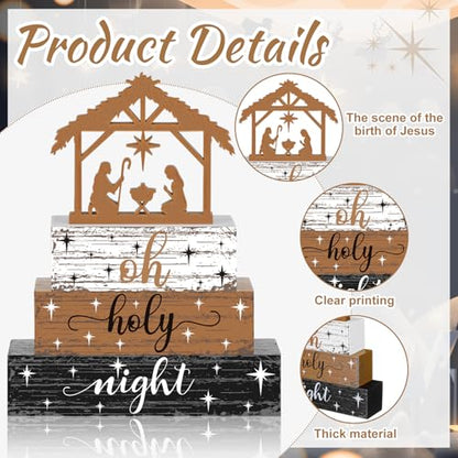 Geelin 4 Pieces Christmas Nativity Scene Table Decorations Xmas Wooden Silent Night Block Signs Holy Night Tabletop Centerpieces Farmhouse Tiered Tray Decor for Home Table Kitchen Shelf - style: Jesus