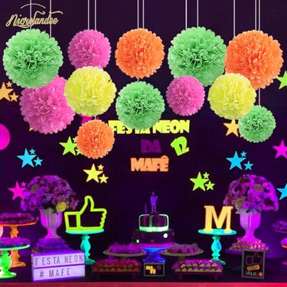 NICROLANDEE Blacklight Party Decorations - 12 PCS Fluorescent Neon Tissue Paper Pom Poms for Birthday, Wedding, Baby Shower, Glow-in-The-Dark, Neon, Prom Dance Party Photography - style: Neon