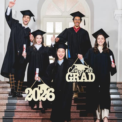 2Pcs Class of 2026 Wood Signs Graduation Decorations 2026 Wooden Sign Congrats Grad Photo Booth Props for Graduation Party Decoration Wood Cutout High College School Party Supplies