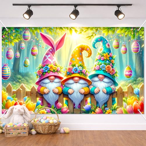 BlissYard Easter Banner Decorations Outdoor Spring Gnome Floral Backdrop 71x43 Inch Happy Easter Party Banner for Yard Porch Kids Egg Hunt Holiday Decor Cute Holiday Backdrop - color: Cute Dwarf