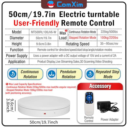 19.7In Remote Large Motorized electric turntable Rotating platform Photography Turntable Motorized lazy susan Base giratoria para for Photography,3D Scanner,Heavy duty display(Load Range:220~500lbs) - size: 19.7inch/White/500Lbs Load
