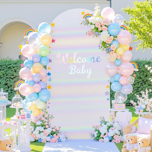 Rainbow White Arch Cover 6.6ft Sequin Sparkly Arch Backdrop Cover Spandex Shimmer Balloon Arch Stand Cover for Birthday Party Wedding Bridal Shower Baby Shower Photo Colorful Arches Background - color: Rainbow + White, size: 6.6FT