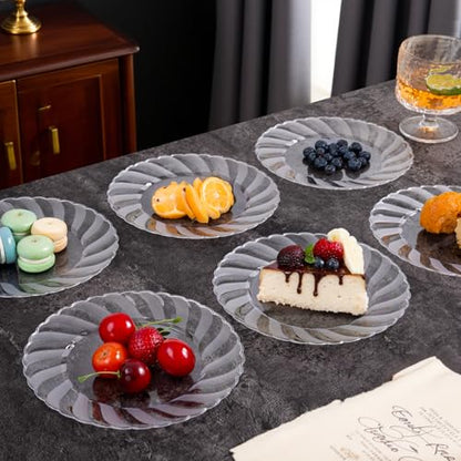U-QE 100 Pieces Clear Plastic Plates - 7 Inch Plastic Dessert Plates Disposable - Washable & Reusable - Premium Hard Clear Fancy Disposable Heavy Duty Cake Platos for Party, Weddings and Events - color: 7Inch-100pcs-Clear