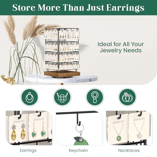 EsLuker.ly Rotating Earring Display Holder Stand for Vendors Events Selling, Large Capacity 64 Hooks Jewelry Rack with Wooden Base for Earring Card Sales, Enhances Retail Display Visibility - color: Brown+Black