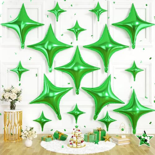 Green Star Balloons, 16 PCS Four Angle Star Foil Balloons, 26 Inch and 10 Inch Green Stars Shaped Balloon for Graduation Birthday Baby Shower Anniversary Retirement Engagement New Year Party Decor - color: Green