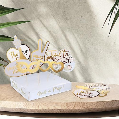 SOUL SHIFT 60PCs Fully Assembled Wedding Photo Booth Props - Prop Stand - Gold Signs - Elegant Wedding & Reception Party Supplies- Funny Wedding Props -Gold Foil Print – Bridal PhotoBooth