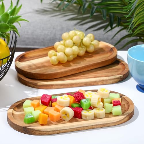 Yaomiao 4 Pcs Acacia Wooden Serving Tray Oval Shaped Rustic Wood Plates Large Decorative Natural Tray Serving Platter for Food Charcuterie Cheese Dish Bread Fruit Kitchen(11 x 6 Inch) - size: 11 x 6 Inch
