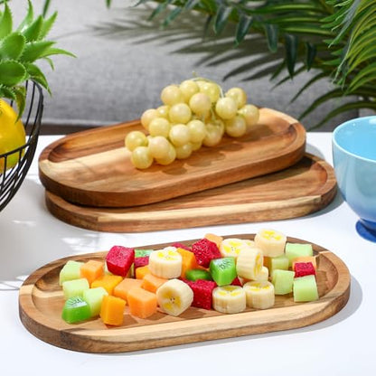 Yaomiao 4 Pcs Acacia Wooden Serving Tray Oval Shaped Rustic Wood Plates Large Decorative Natural Tray Serving Platter for Food Charcuterie Cheese Dish Bread Fruit Kitchen(11 x 6 Inch) - size: 11 x 6 Inch